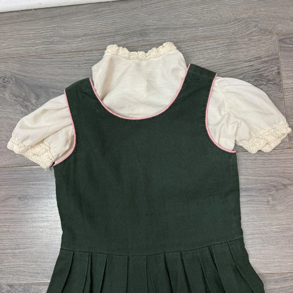 Vintage German Dirndl Set Kids Sz 6 Green Pink Floral Dress Apron Oktoberfest